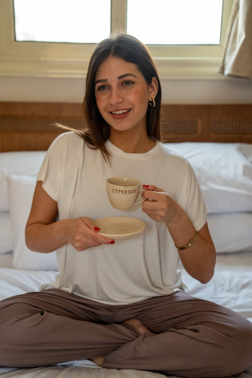 Women summer pajama set Oversized Off White shirt + Choco Pants
